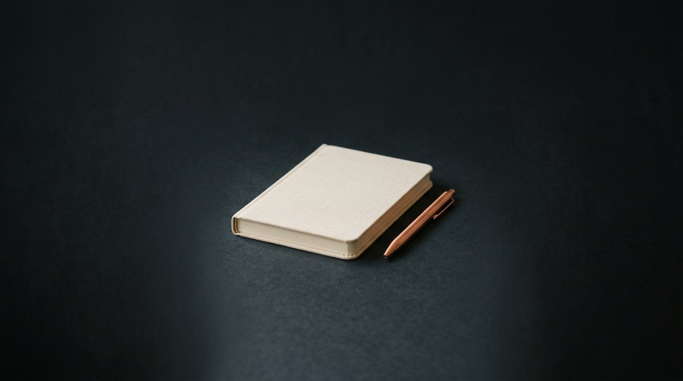 A cream notebook and a copper pen on a dark desk